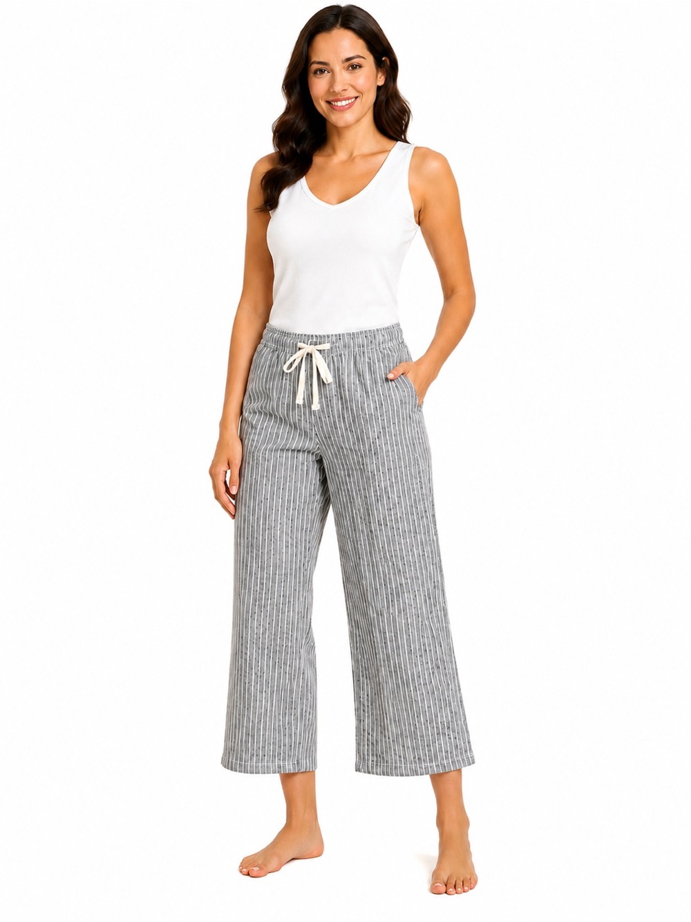 Roxy Black Striped Linen Blend Wide-Leg Drawstring Pants